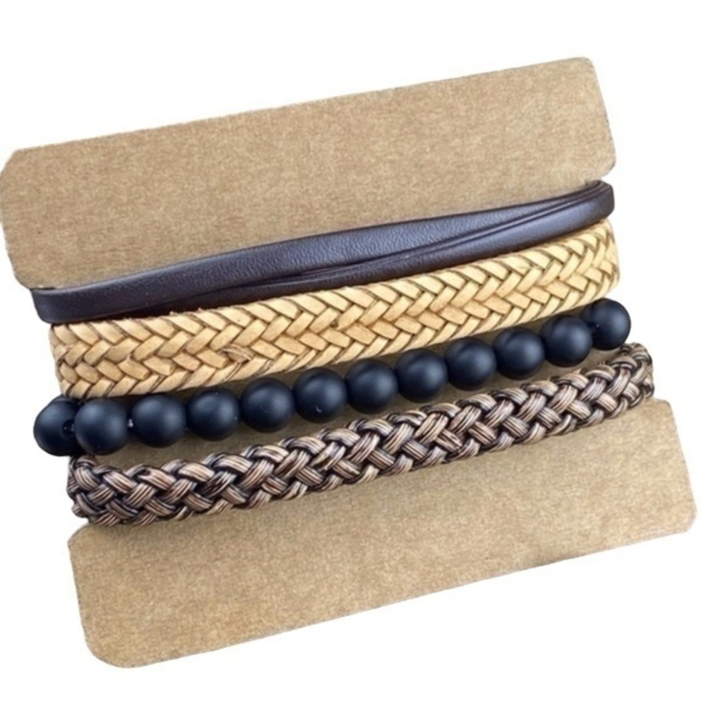 Mens Bracelets Bundle Adjustable Leather and Hemp Matte Onyx Stone‎ Beads